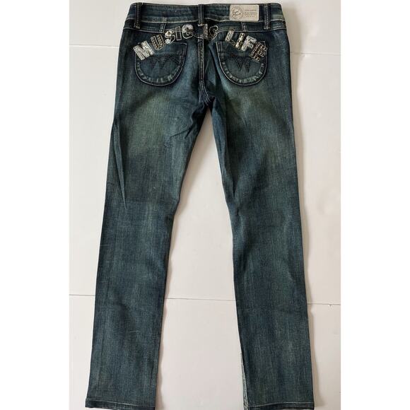 Tough Jeansmith USA Glamour Jeans Music Is Life Pearls Embroidered Low Rise - Picture 2 of 11